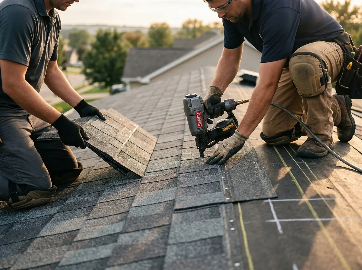 Professional roofer working on a residential roof in East End